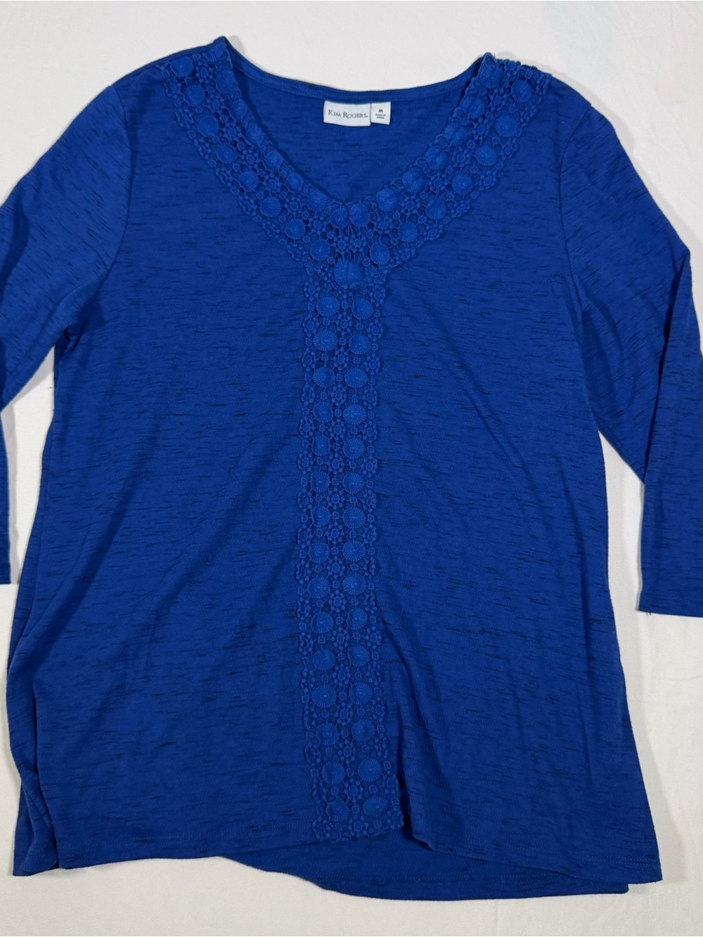 Kim Rogers Royal Blue Crochet-Trim V-Neck Long Sleeve Top